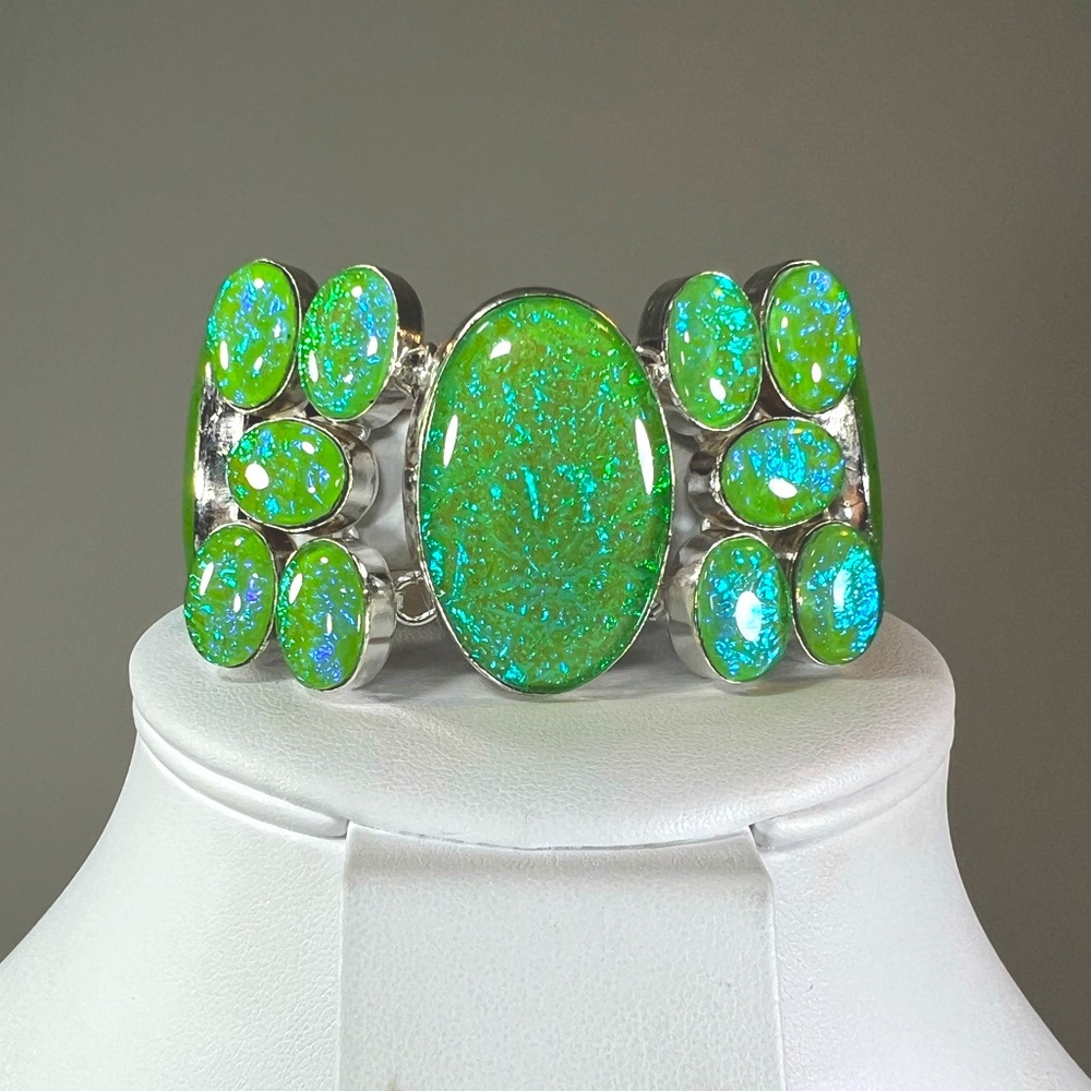 Green Triplet Opal 925 Synthetic Stone Large Bracelet